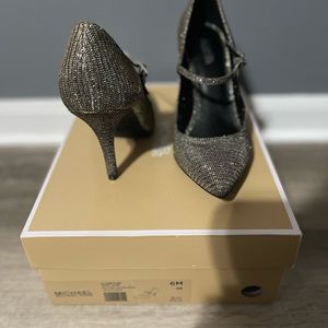 Michael Kors Claire Flex Mary Jane Glitter Chain Mesh Sparkly Black/Gold Heels
